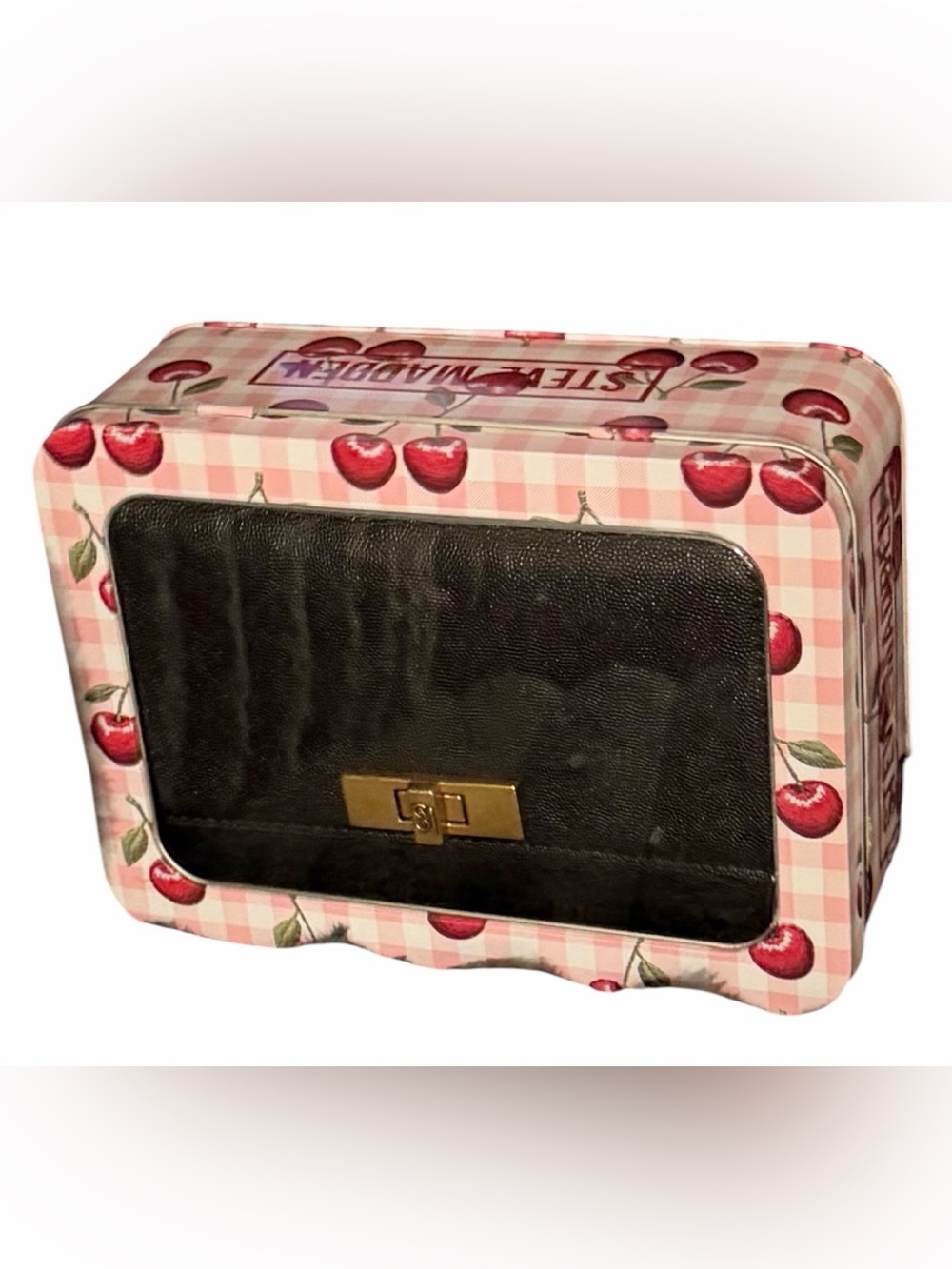 Steve Madden BNORA-T Black Crossbody Bag & Pink Cherry Gingham Tin Box Set NWT